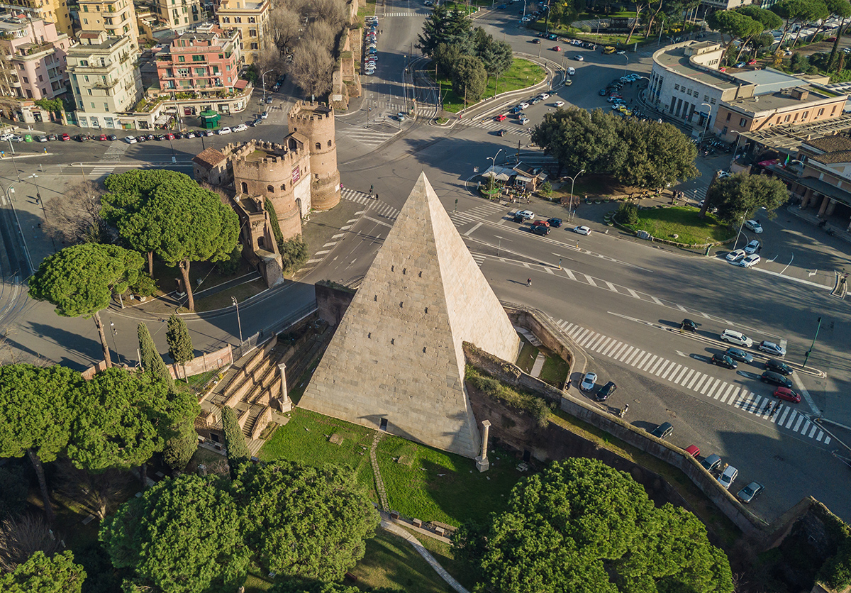 Aerial view of the Pyramid of Cestius in Rome. On Italian, Piramide di Caio Cestio or Piramide Cestia